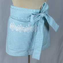 Load image into Gallery viewer, Half Apron- Blue and White Check and Floral Lace
